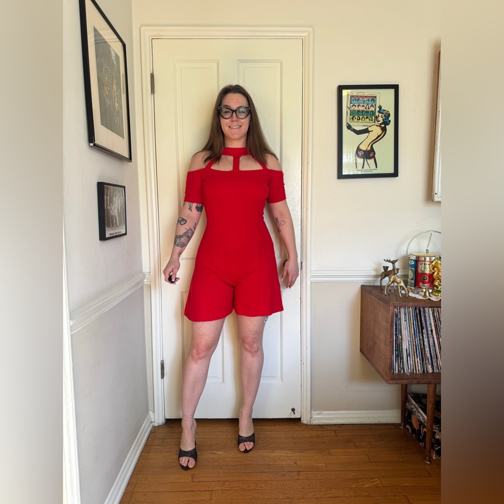 90s Vintage Deadstock NWT Red Cotton Playsuit with Cage Neckline